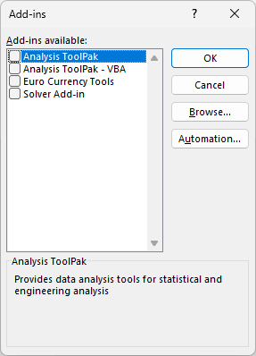 The Add-ins dialog with Analysis ToolPak in the list of available add-ins