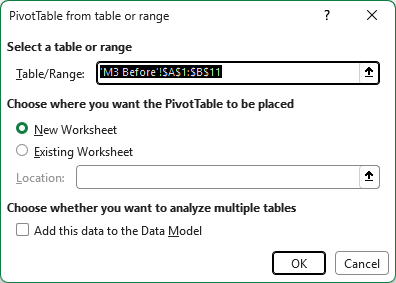 The Create PivotTable dialog with the visitor data as the source range and New Worksheet selected