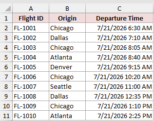 A flight schedule with Flight ID, Origin and Departure Time for ten flights, standing in for a table that keeps growing