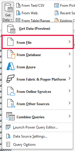 The Get Data menu open on the Data tab with From File highlighted