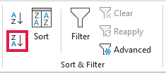 The Z to A button in the Sort and Filter group on the Data tab