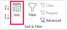 The Sort button on the Data tab, which opens the Sort dialog box