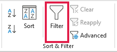 The Filter button on the Data tab, which adds drop-down arrows to the header row