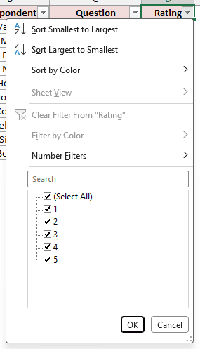 The filter drop-down open on the Rating header, showing the sort commands above the checkbox list