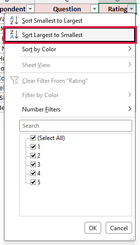Sort Largest to Smallest highlighted at the top of the Rating filter drop-down