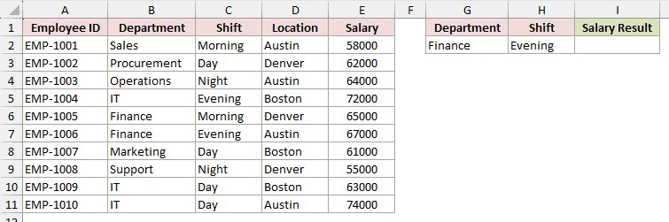 The same roster again with Finance in G2 and Evening in H2, ready for the XLOOKUP approach