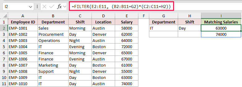 FILTER spilling both matching salaries, 63000 and 74000, down the Matching Salaries column