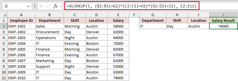 The three-condition XLOOKUP returning 74000, the Austin employee rather than the 63000 one in Boston