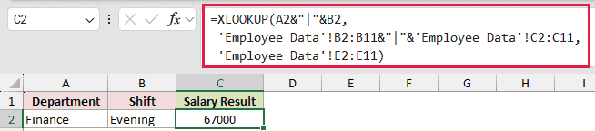 The cross-sheet XLOOKUP on the Lookup sheet returning 67000 by pointing its ranges at the Employee Data sheet