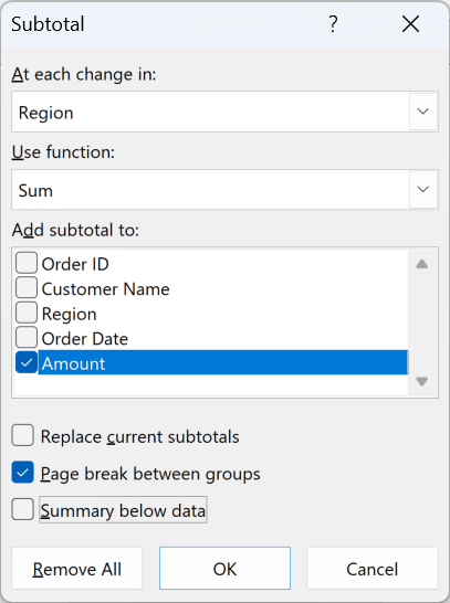Subtotal dialog box set to sum Amount for each Region, with Page break between groups checked