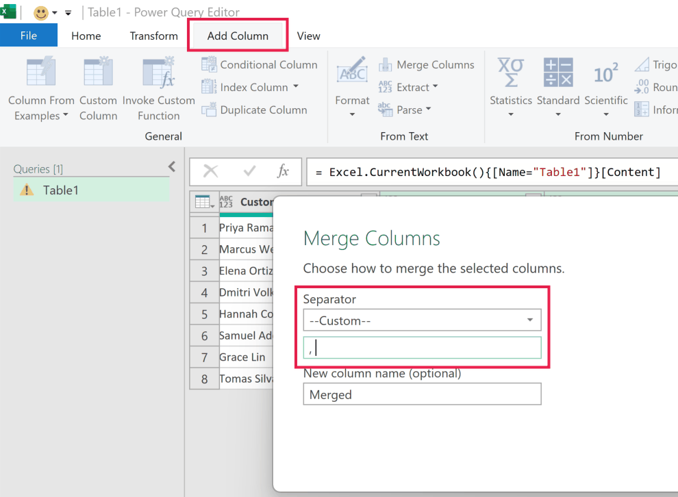 Power Query Editor ribbon with Add Column selected and Merge Columns dialog box showing a custom comma separator