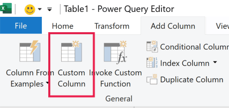 Power Query Editor ribbon with the Add Column tab selected and a red box highlighting the Custom Column button