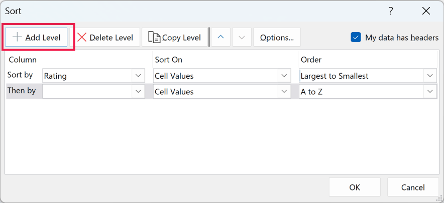 Add Level button highlighted in the Excel Sort dialog box