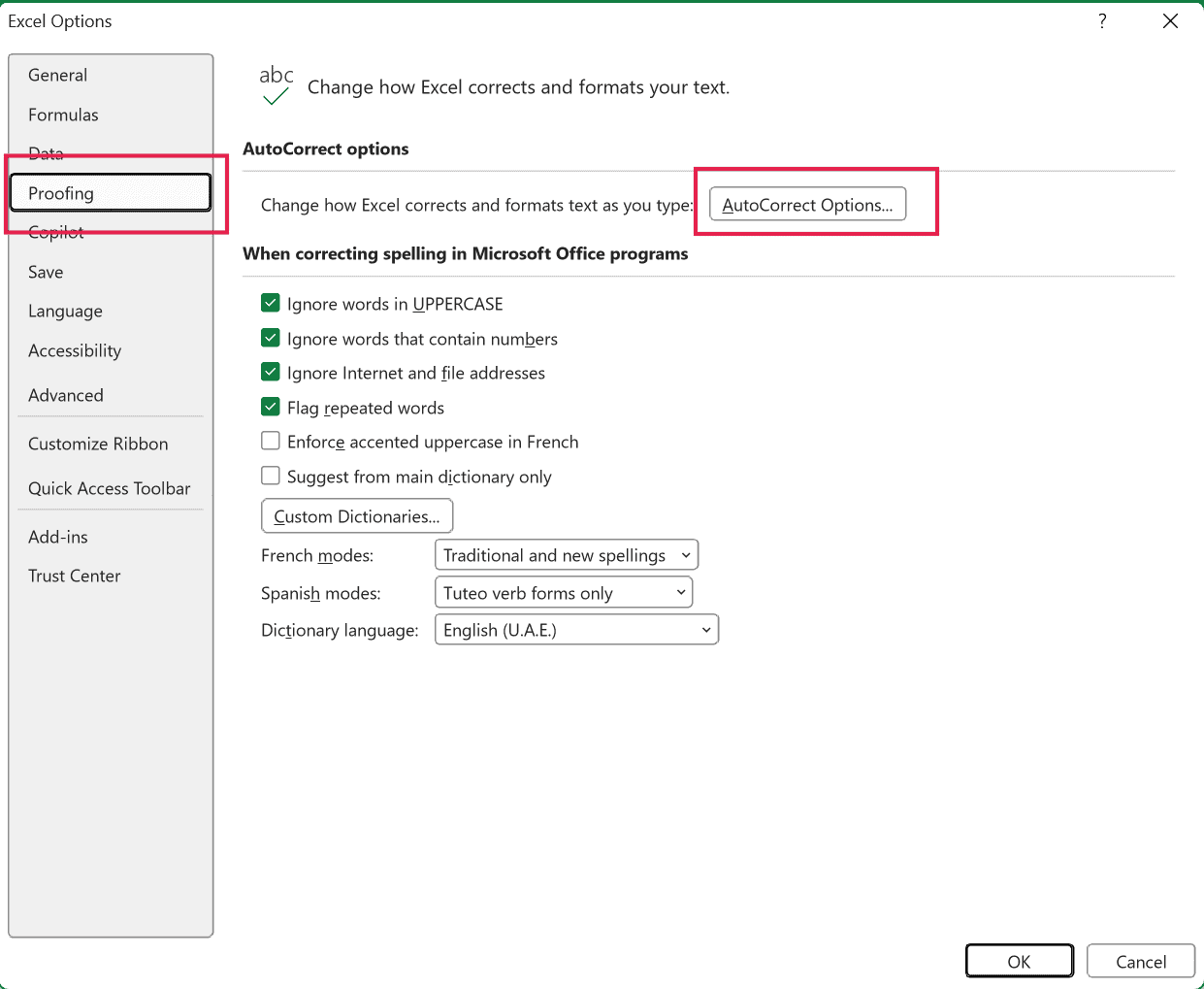 Excel Options dialog box with Proofing selected and the AutoCorrect Options button highlighted with a red box