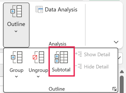 Excel ribbon showing the Outline menu with the Subtotal option highlighted by a red box