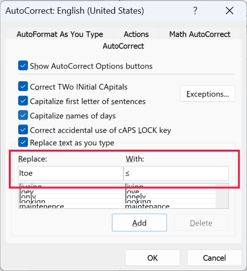 Excel AutoCorrect dialog box with the Replace and With fields highlighted, showing Itoe being replaced by the symbol ≤