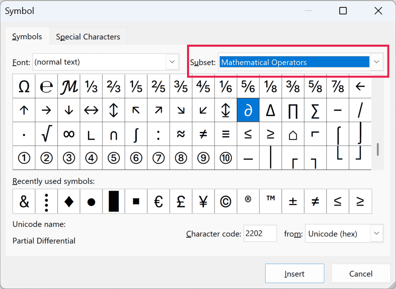 Excel Symbol dialog box with Mathematical Operators selected in the Subset dropdown menu