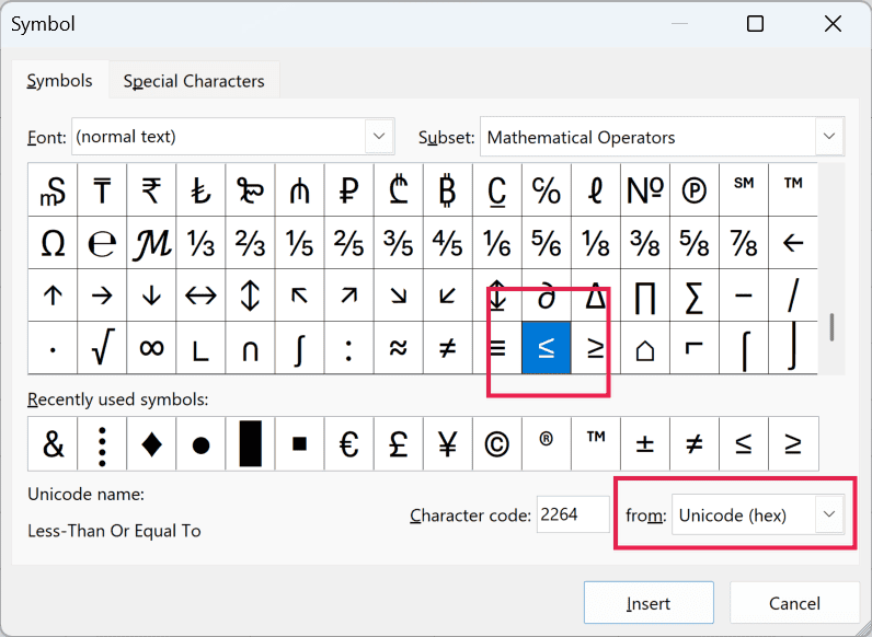 Symbol dialog box with Unicode (hex) selected and the less than or equal to operator highlighted in the symbol grid