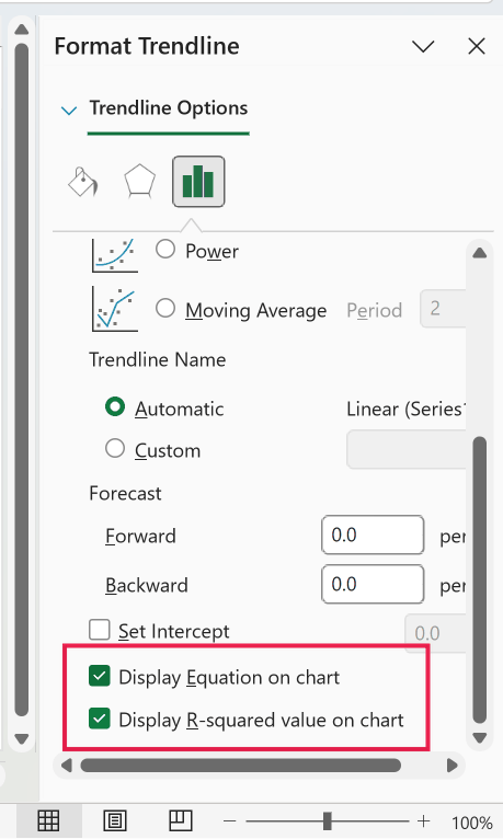 Format Trendline pane with Display Equation on chart and Display R-squared value on chart checkboxes selected