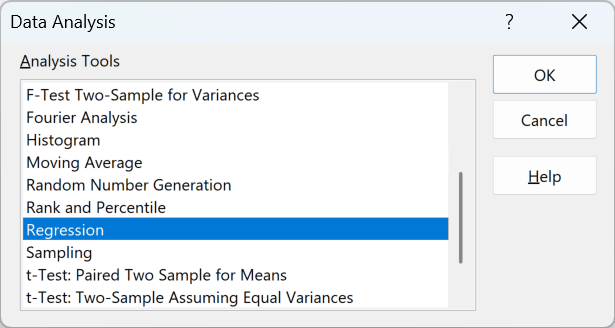 Data Analysis dialog box with Regression selected in the list of analysis tools