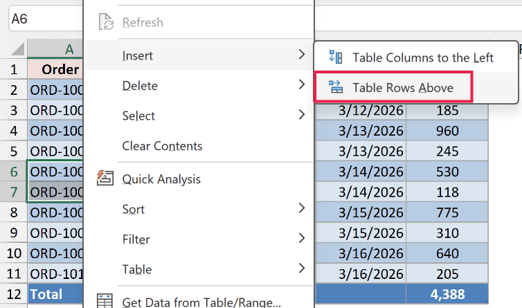 Excel context menu showing the Select submenu with Table Rows Above highlighted