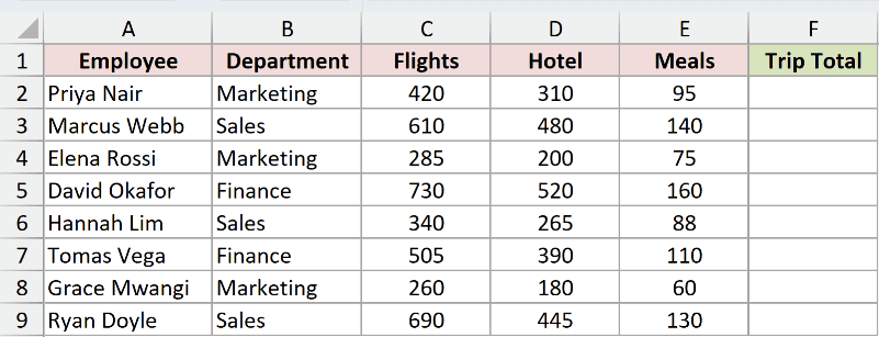 Travel expenses dataset in Excel with flights, hotel and meals costs for eight people