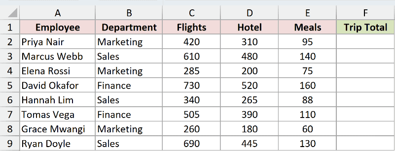 Travel expenses dataset ready for the SUM function