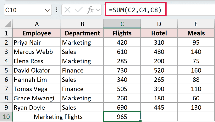 SUM formula with three non-adjacent cells separated by commas