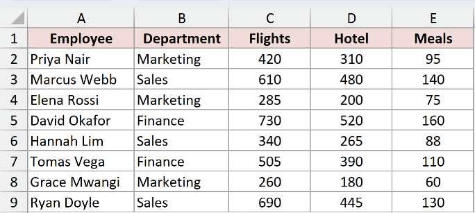 Travel expenses dataset where the Flights total is needed without adding a formula