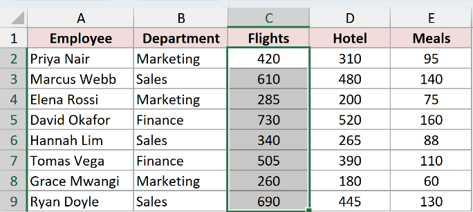 The flight costs selected so the Status Bar shows their total