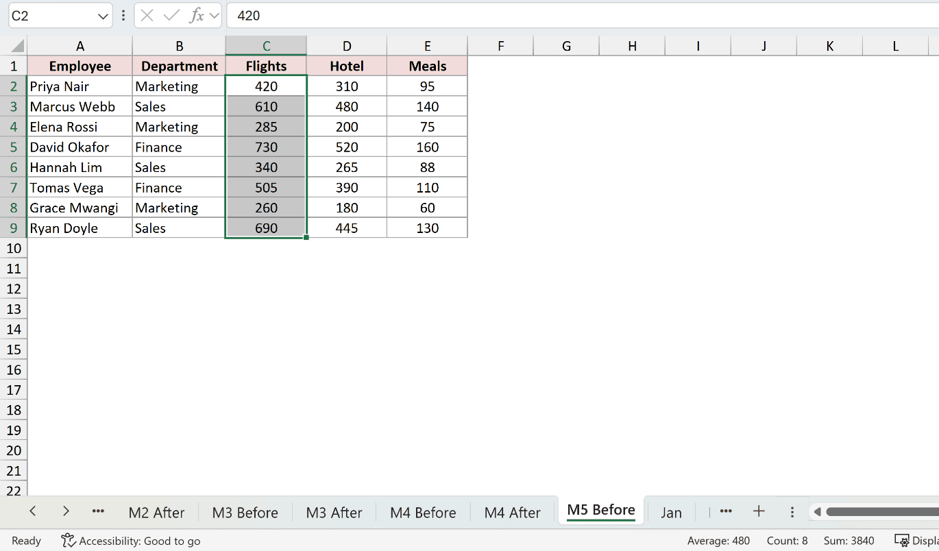 The Status Bar showing Sum, Average and Count for the selected flight costs