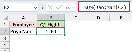 3D reference formula adding cell C2 across every sheet from Jan to Mar