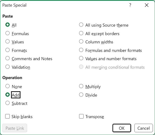 Paste Special dialog with Add selected under Operation