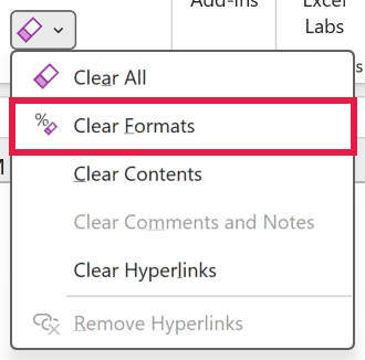 The Clear menu on the Home tab with Clear Formats highlighted.