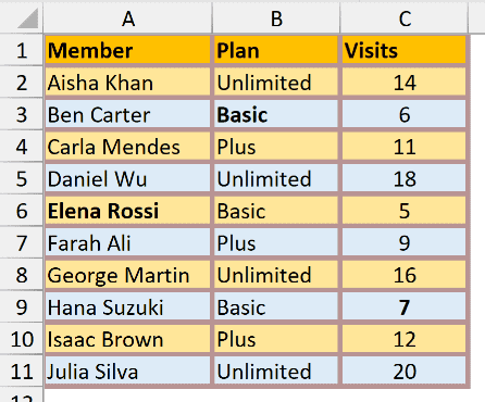 The formatted gym member table before applying Excel's Normal cell style.
