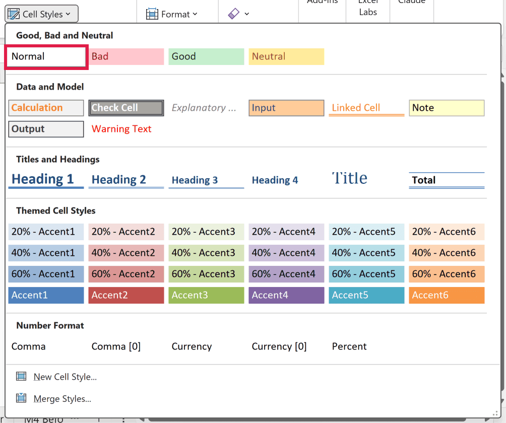 The Cell Styles gallery on the Home tab with the Normal style highlighted.