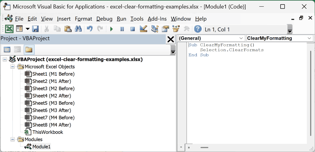 The ClearMyFormatting macro pasted into a standard module in the Visual Basic Editor.