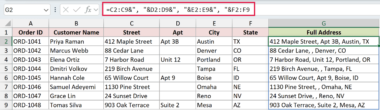 Range version of the ampersand formula spilling the combined addresses down the column