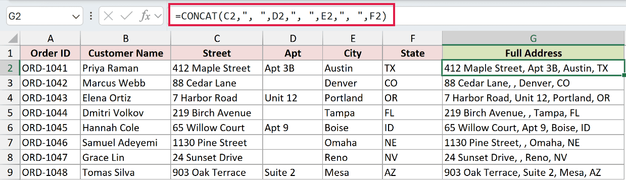 CONCAT formula with comma separators passed as separate arguments