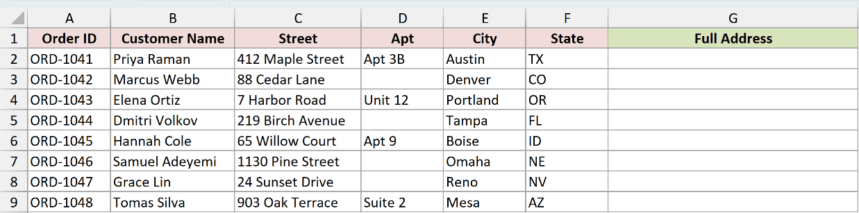 Address dataset with an empty Apt cell, ready for TEXTJOIN to skip the blanks