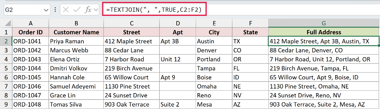 TEXTJOIN formula with a comma separator and TRUE to ignore empty cells