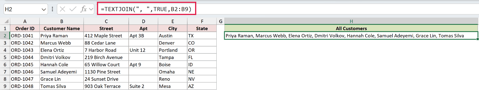 TEXTJOIN formula collapsing the whole customer name column into a single comma separated cell
