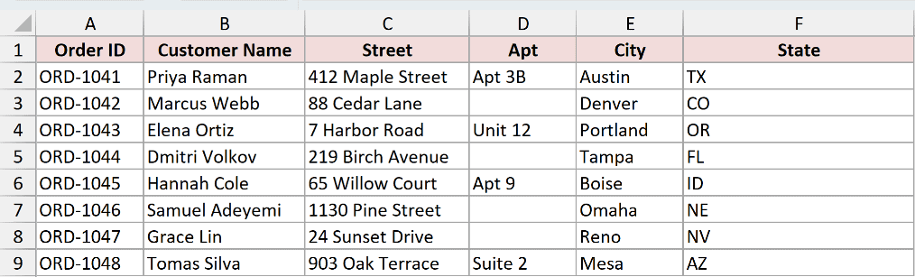 Address dataset where all the state codes will be combined into one cell with Fill Justify