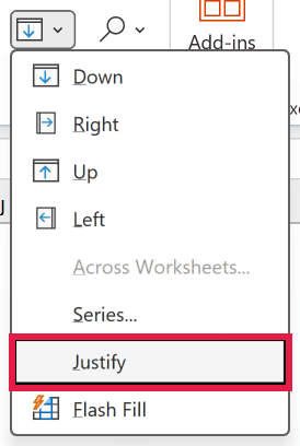The Fill menu on the Home tab with the Justify command
