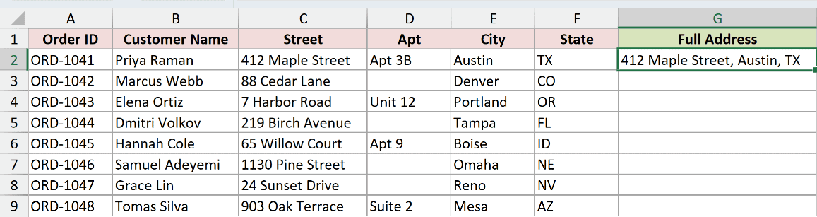 The first combined address typed by hand as the example Flash Fill learns from