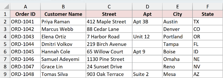 Address dataset ready to be loaded into Power Query for a merged Full Address column