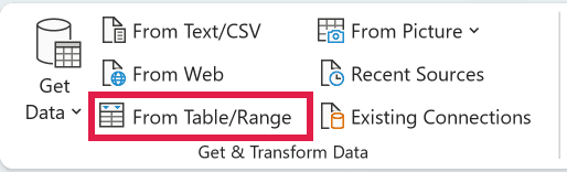 The From Table/Range command on the Data tab that opens the Power Query Editor