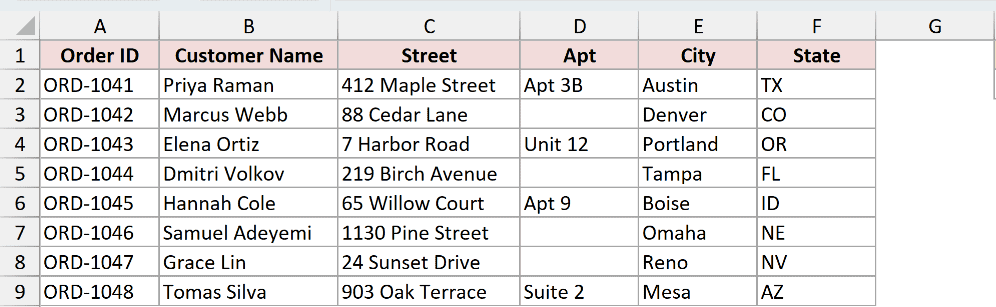 Address dataset ready for a custom VBA function that joins any range into one cell