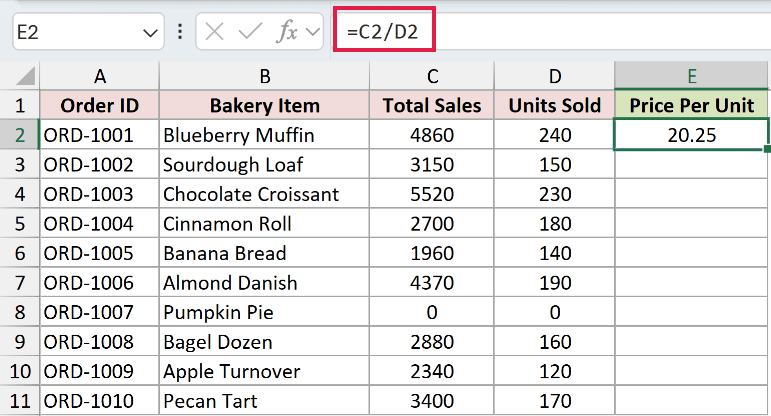 Formula dividing the total sales by the units sold to get the price per unit for the first order