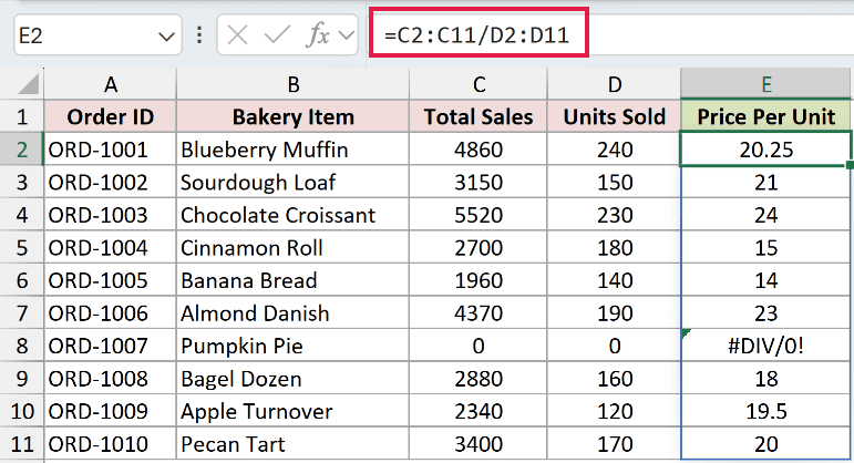 Range version of the division formula spilling the price per unit down the whole column